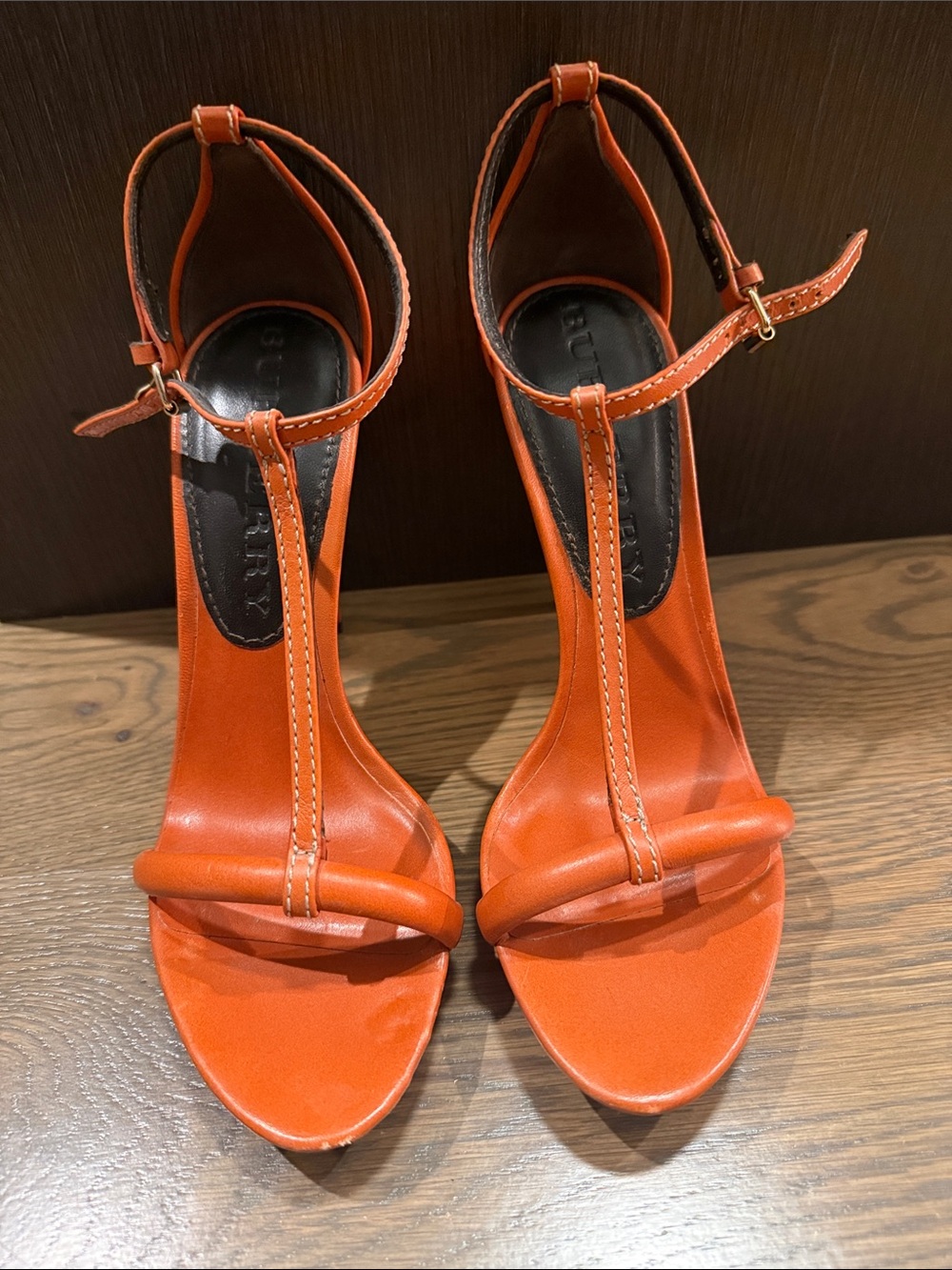 Burberry Women's Orange T-Strap Heeled Sandals
